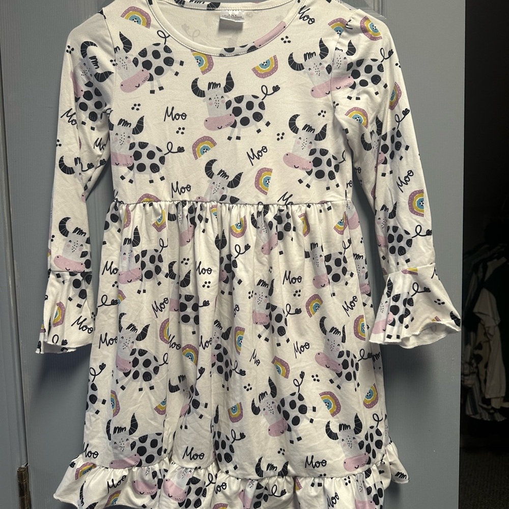 Kids' Moo Print Dress - Pink and White